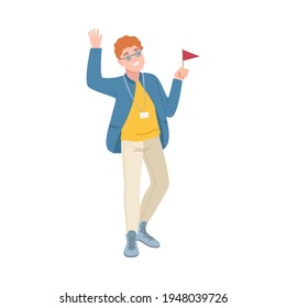 Young Man as Tour Guide with Hanging Name Badge Holding Red Flag Vector Illustration