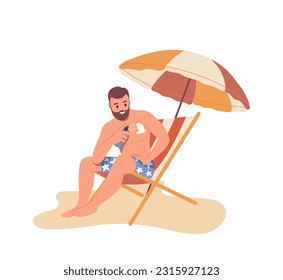 Young man tourist applying sunscreen spray for body skin while rest at beach resort on vacation