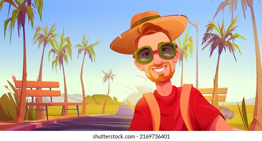 Young man tourist with backpack posing for photo at tropical landscape with highway, palm trees and benches. Traveler wear hat and glasses at summer travel tour on holidays Cartoon vector illustration