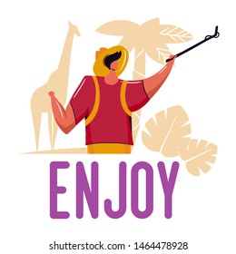 Young man tourist with backpack traveling on holiday trip.Taking a photo with a phone camera.Vacation concept tropical nature background.Vector illustration with flat cartoon characters.