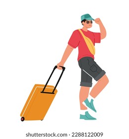 Young Man Tourist Character Walking With Suitcase Isolated on White Background. Image Is For Travel Or Tourism-related Promotions, Summer Tours or Transportation. Cartoon People Vector Illustration