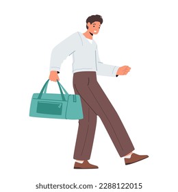Young Man Tourist Character Walking With Bag Isolated On White Background. Concept of Business Trip, Summer Escape For Travel Content Or Promotional Materials. Cartoon People Vector Illustration