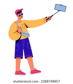 Young man tourist doing foto use selfie stick. Man traveling. Vector illustration