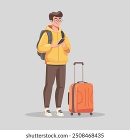 Joven turista de carácter plano. Personas masculinas que viajan en el viaje de vacaciones de verano, aislado en el fondo blanco.