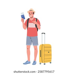 Young man tourist with luggage and passport. Vector cartoon flat style illustration