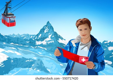Young man tourist with map standing on Alps mountains background at winter season