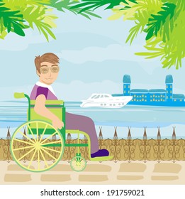 young man tourist on a wheelchair