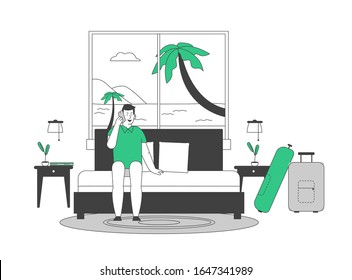 Young Man Tourist Sitting on Couch in Hotel Suit with Luggage stand nearby and Large Window with Seascape and Palm Trees View. Summer Vacation on Resort. Cartoon Flat Vector Illustration, Line Art