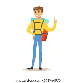 Young man tourist standing with backpack colorful cartoon character vector Illustration