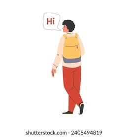 Young man tourist or student with a backpack, vector illustration in cartoon flat style, isolated on white background. Teenager in casual clothes with haversack. Guy with dark hair in bright pants.