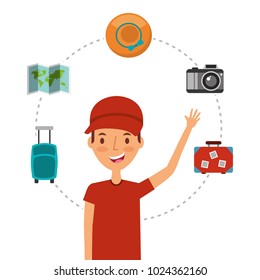 young man tourist traveler with map hat camera suitcasses