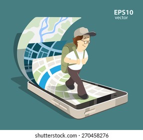 Young man tourist using mobile navigation system on his smartphone. Isolated color creative concept illustration