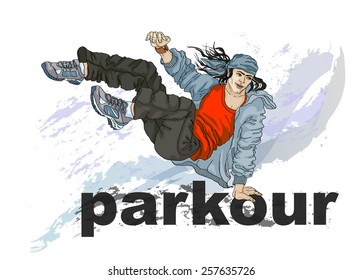 Young man - tracer in the free jump an obstacle in the form of the word Parkour. Bright background with spots and splashes.