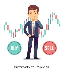 Young man trader and business candlestick chart with buy and sell buttons. Stock market and trade exchange vector concept. Illustration of business trader, finance stock market chart