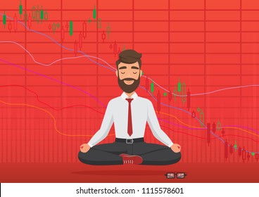 Young man Trader vermittelt unter fallender Krypto- oder Börsenkarte. Business Trader, Finance Stock Market Graphkonzept. Fallende braune rote Blutbörse. Balance-Gefühl.