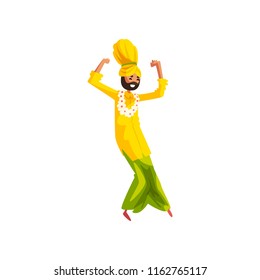Young man in traditional Indian clothes dancing folk dance vector Illustration on a white background