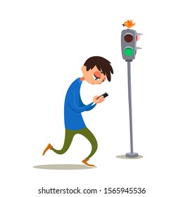 Young man at traffic light looking in phone. Smartphone addiction. Vector illustration.