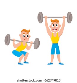 Young man training with barbell - squatting, doing shoulder press, weightlifting, bodybuilding in gym, cartoon vector illustration isolated on white background. Cartoon man, guy training with barbell