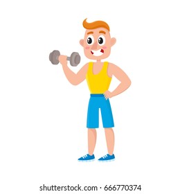 Young man training biceps with dumbbell, doing sport exercises in gym, cartoon vector illustration isolated on white background. Cartoon man, guy doing fitness, weightlifting, bodybuilding in gym