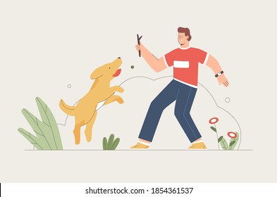 Young man training dog with stick. Male character playing with dog on a walk. Flat style vector illustration.
