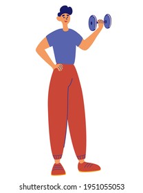 Young man training with Dumbbell. Smiling Man Holding his Hand Up with Dumbbell. Exercise for Arm Strength. Exercises, fitness, gym. Flat vector illustration of a healthy lifestyle and activity. 