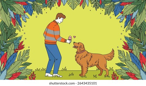A Young Man Training A Golden Retriever Dog In a Green Field Outdoor