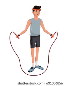 young man training jump rope sweating