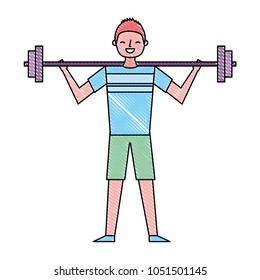 young man training lifting weight barbell