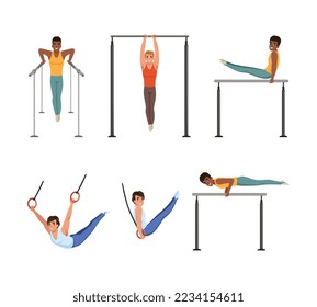Ausbildung junger Menschen auf verschiedenen Gymnastikgeräten wie dem horizontalen und parallelen Bars-Vektorset