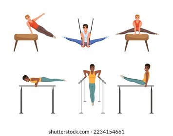 Young Man Training on Different Gymnastics Apparatus Like Horizontal and Parallel Bars Vector Set