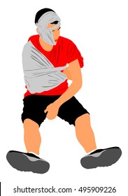 Young man with trauma of the head and arm vector illustration. Boy with a broken hand and head injured patient.  Broken arm situation. Crash accident victim first aid. Paramedic transport for hospital