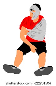 Young man with trauma of head and arm vector illustration. Boy with bandage broken hand and head injured patient. Broken arm invalid. Crash accident victim first aid. Paramedic transport for hospital