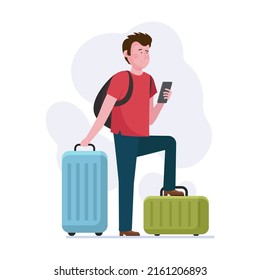 Young man travel with luggage. Passenger, tourists with suitcases, baggage flat vector illustration. Airport, tourism, vacation concept