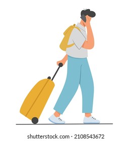 Young man with travel suitcase, backpack and mobile phone hurry to the plane. Business trip, summer vacation, recreation or tourism concept. Flat vector illustration.