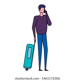 young man with travel suitcase and smartphone