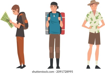 Young Man Traveler with Backpack Standing with Map Looking for Route Vector Set