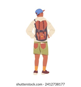 Young man traveler backpacker cartoon character standing back looking forward isolated on white