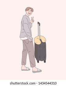Young man traveler with carrier. Hand drawn figures vector illustration EPS10