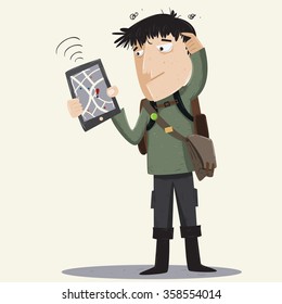 a young man traveler get confused with global positioning system on his smart-phone