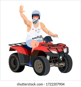 Young man traveler riding quad bike, vector illustration. All terrain vehicle rider. Quad biking travel tour concept for poster, banner etc.