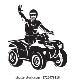 Young man traveler riding quad bike, vector monochrome illustration. All terrain vehicle rider. Quad biking travel tour concept for poster, banner etc.