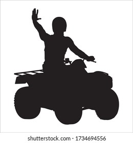 Young man traveler riding quad bike black silhouette, vector illustration. All terrain vehicle rider. Quad biking travel tour concept for poster, banner etc.