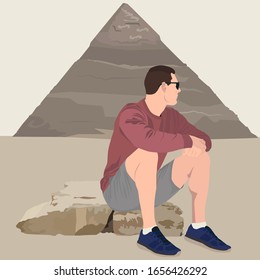 Young man traveler sitting in front of Egyptian pyramid of Cheops, vector illustration. Egyptian pharaoh tomb, ancient Egypt, Giza, Cairo tourist center. Travel to Egypt concept.
