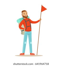 Young man traveler standing with backpack and holdiing red flag with long flagpole. Summer camping colorful cartoon character vector Illustration