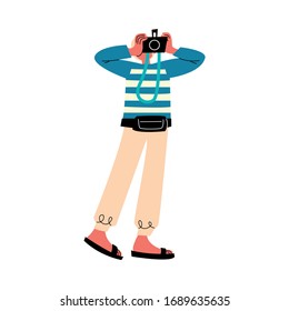 Young man traveler standing and making photo vector illustration