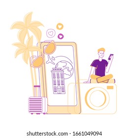 Young Man Traveler Using Smartphone Application for Booking Hotel or Reservation Airplane Tickets Online Sitting on Huge Photo Camera near Cellphone and Palm Cartoon Flat Vector Illustration, Line Art