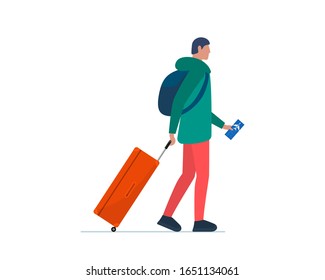 Young man traveler walking with suitcase and flight ticket in airport. Male millennial with luggage bag and backpack go boarding to plane. Tourist passenger journey vacation vector illustration