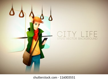 Young man traveling on metro texting on phone | City Life Series | Vector EPS10 with organized layers