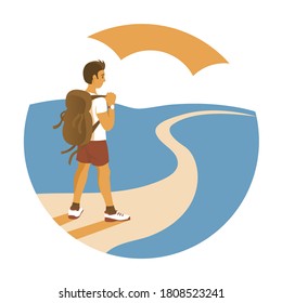 Young man travels with a backpack. They walk along the road in summer against the background of nature. Vector round illustration