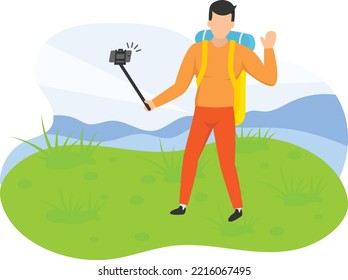 young man trekker taking selfie with camera Concept, Travel blogger at peak vector icon design, Outdoor weekend Activity symbol, Tourist Holiday Scene Sign, Happy people at Vacation stock illustration